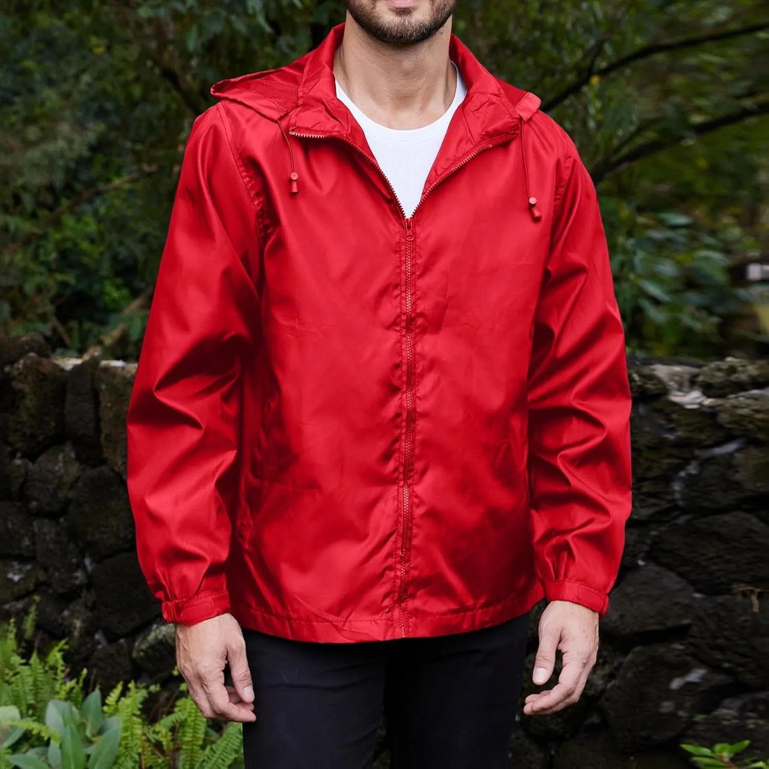 Men's Waterproof Raincoat Zip Up Lightweight Rain Jacket with Detachable Hood Softshell Windbreaker for Hiking Travel