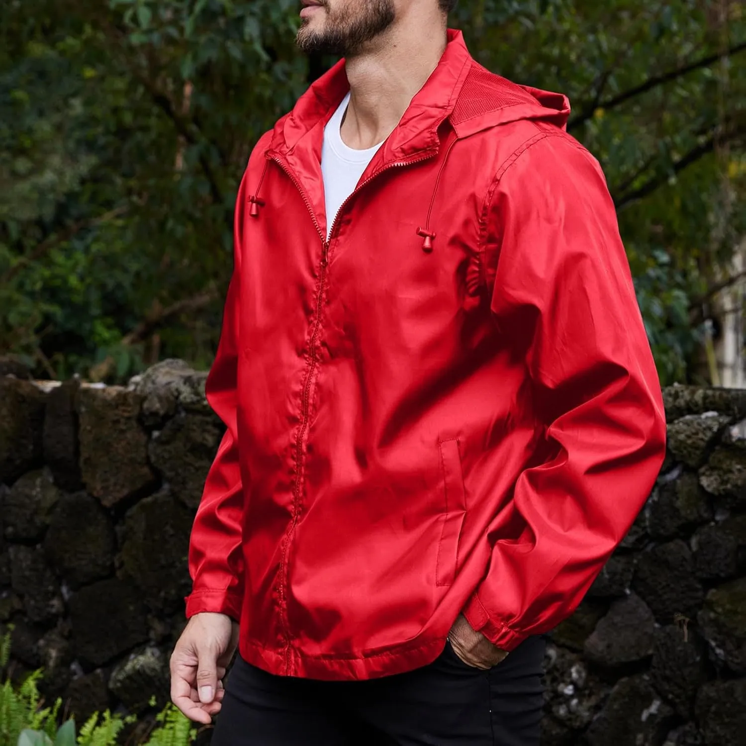 Men's Waterproof Raincoat Zip Up Lightweight Rain Jacket with Detachable Hood Softshell Windbreaker for Hiking Travel