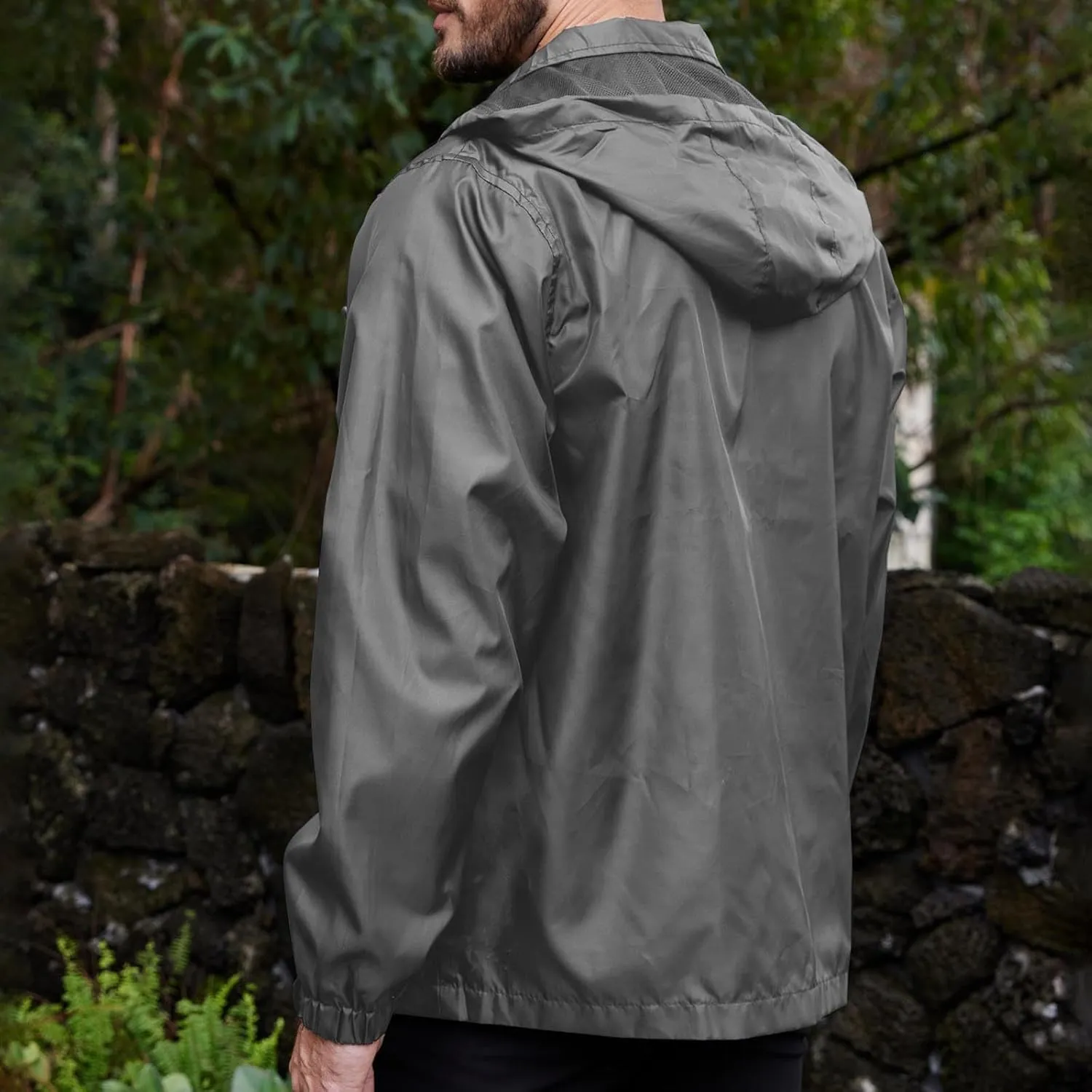 Men's Waterproof Raincoat Zip Up Lightweight Rain Jacket with Detachable Hood Softshell Windbreaker for Hiking Travel