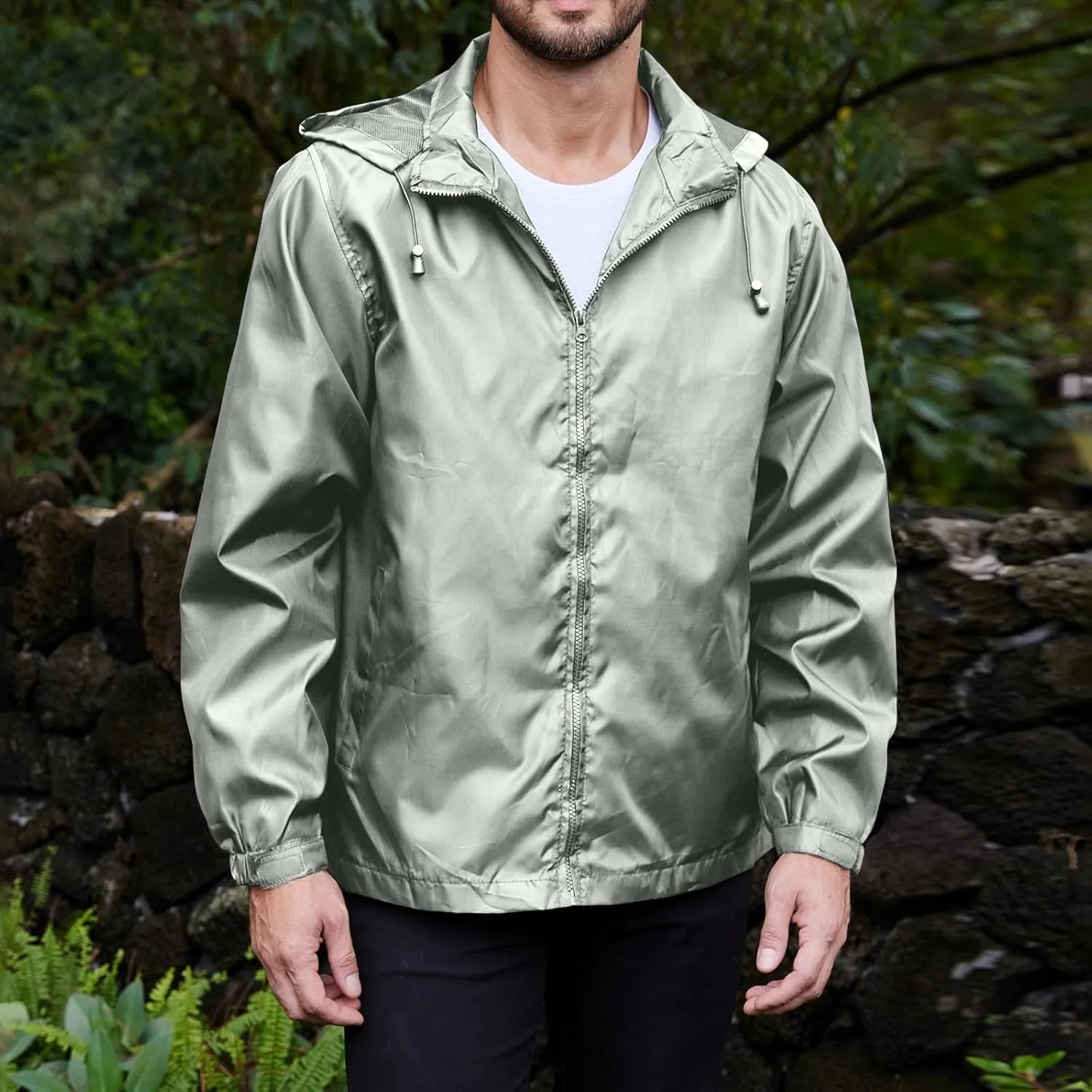 Men's Waterproof Raincoat Zip Up Lightweight Rain Jacket with Detachable Hood Softshell Windbreaker for Hiking Travel