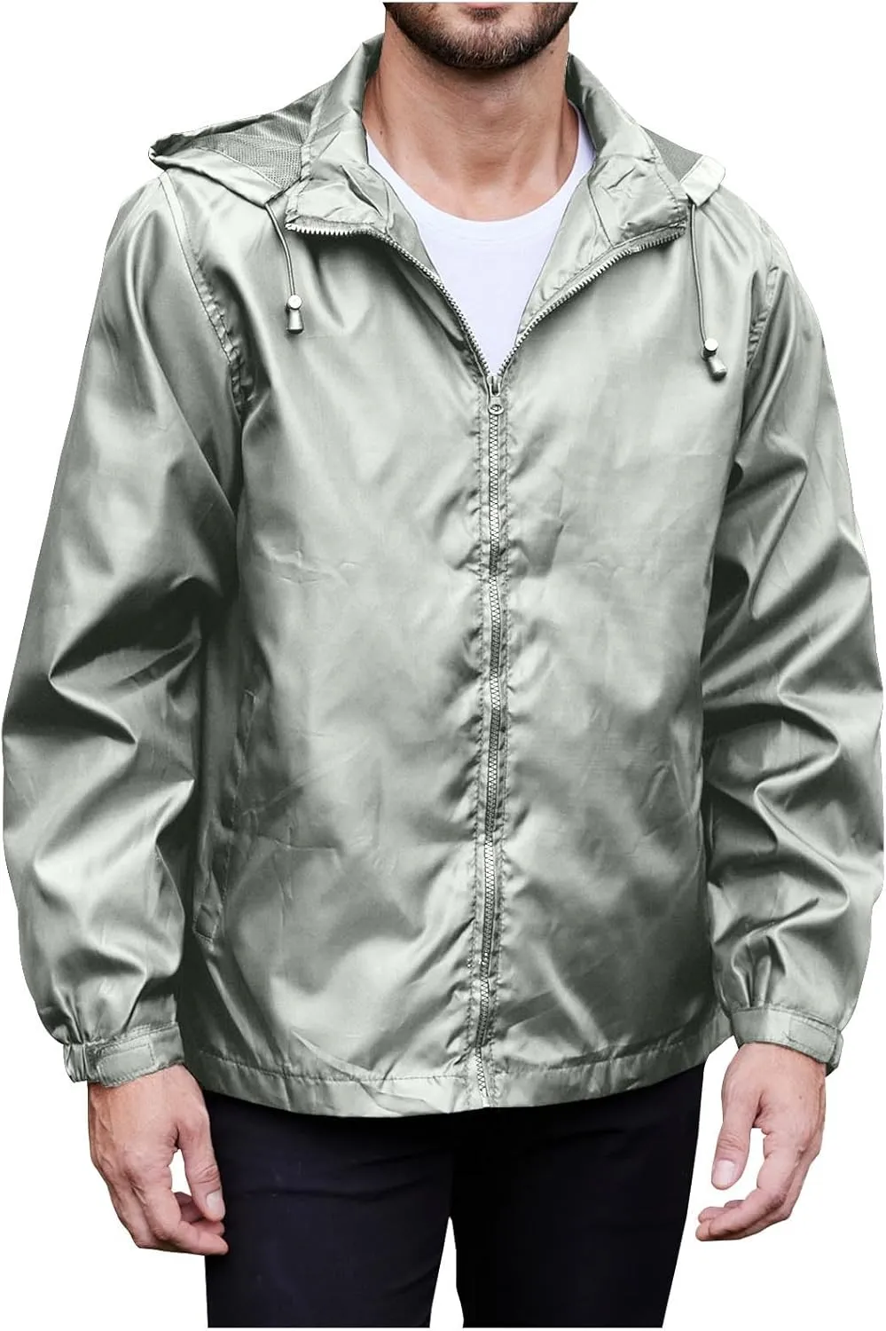 Men's Waterproof Raincoat Zip Up Lightweight Rain Jacket with Detachable Hood Softshell Windbreaker for Hiking Travel
