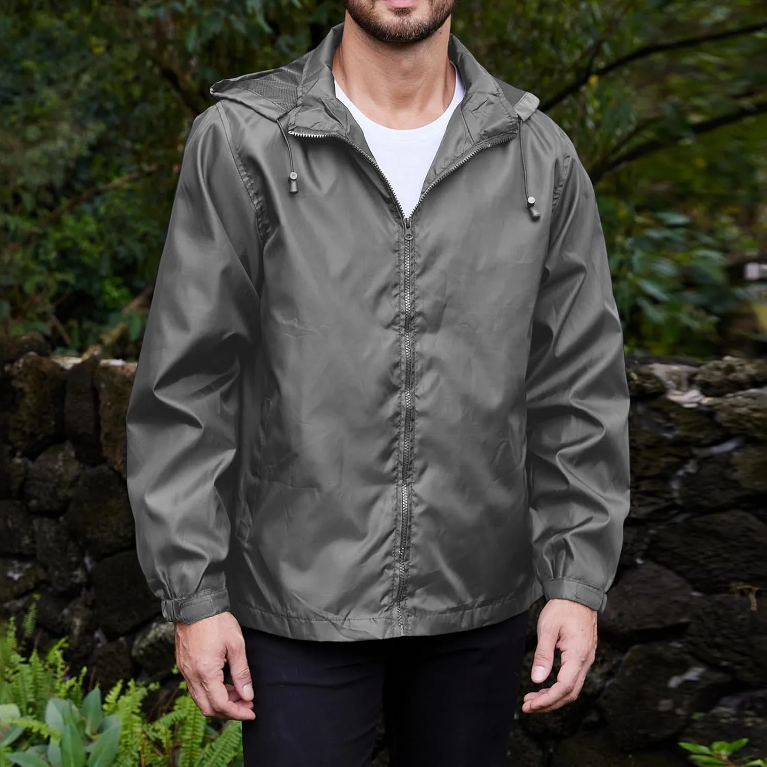 Men's Waterproof Raincoat Zip Up Lightweight Rain Jacket with Detachable Hood Softshell Windbreaker for Hiking Travel