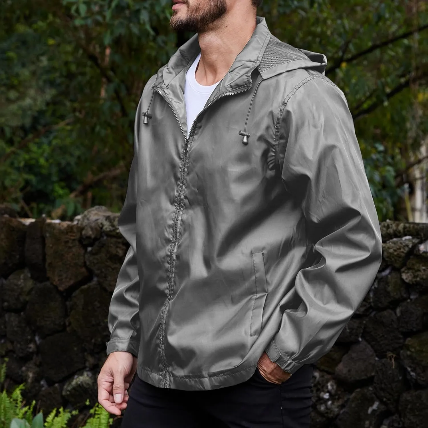 Men's Waterproof Raincoat Zip Up Lightweight Rain Jacket with Detachable Hood Softshell Windbreaker for Hiking Travel