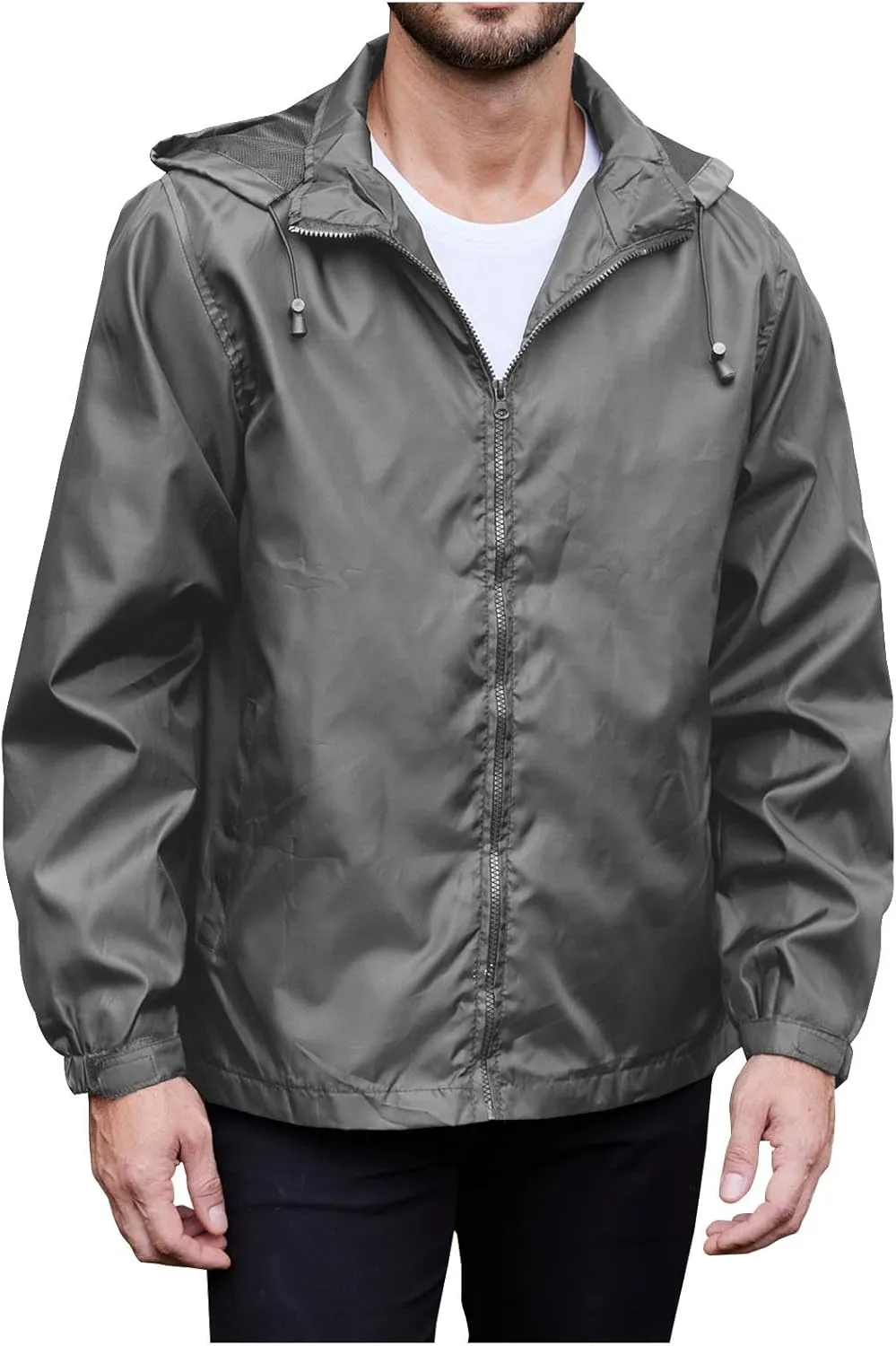 Men's Waterproof Raincoat Zip Up Lightweight Rain Jacket with Detachable Hood Softshell Windbreaker for Hiking Travel