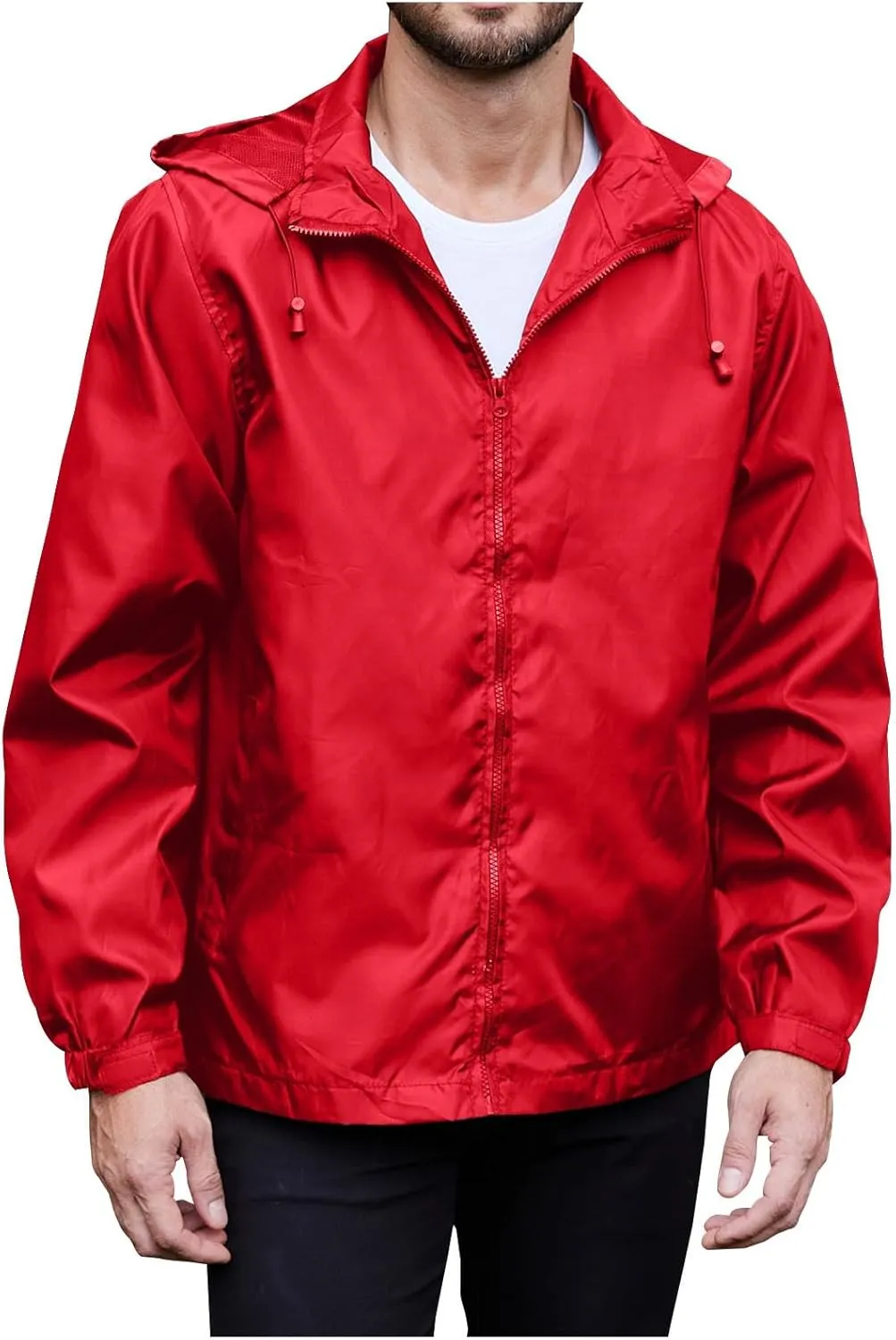 Men's Waterproof Raincoat Zip Up Lightweight Rain Jacket with Detachable Hood Softshell Windbreaker for Hiking Travel