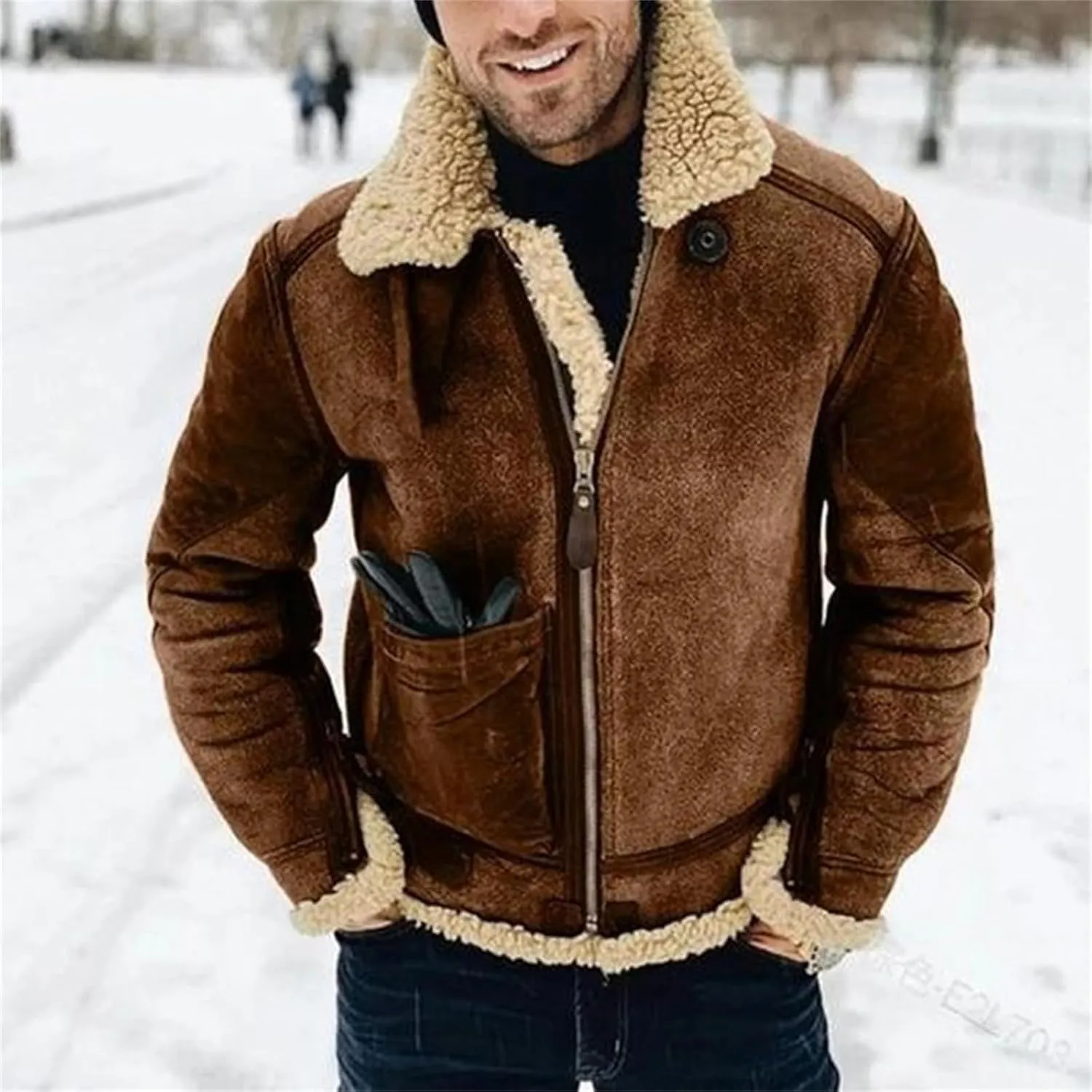 Men's Winter Jacket 2024 Warm Fleece Lined Coat Faux Suede Bomber Jacket Outerwear Lapel Work Wear for Outdoor Hunting