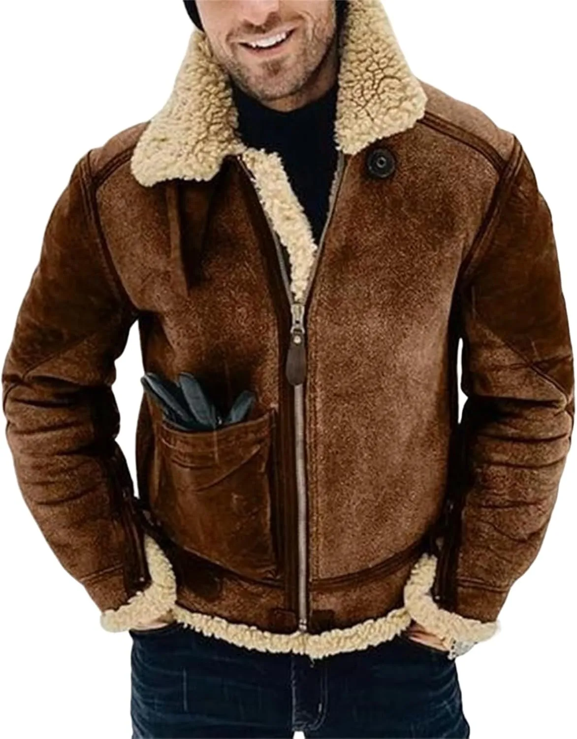 Men's Winter Jacket 2024 Warm Fleece Lined Coat Faux Suede Bomber Jacket Outerwear Lapel Work Wear for Outdoor Hunting