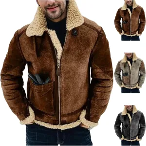 Men's Winter Jacket 2024 Warm Fleece Lined Coat Faux Suede Bomber Jacket Outerwear Lapel Work Wear for Outdoor Hunting
