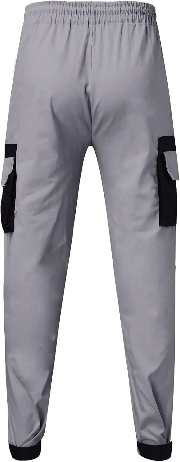 Mens Workout Cargo Sweatpants Pockets Pant Mens Cotton Linen Pants Loose Casual Lightweight Elastic Waist Drawstring