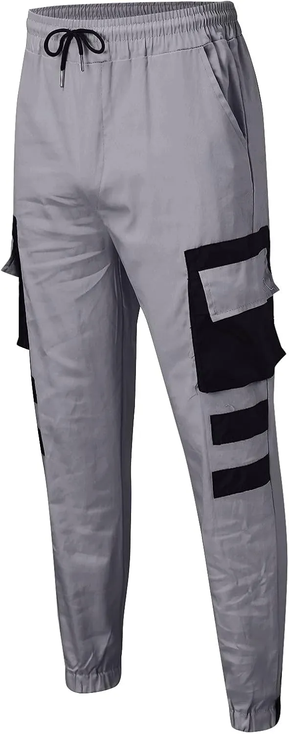 Mens Workout Cargo Sweatpants Pockets Pant Mens Cotton Linen Pants Loose Casual Lightweight Elastic Waist Drawstring