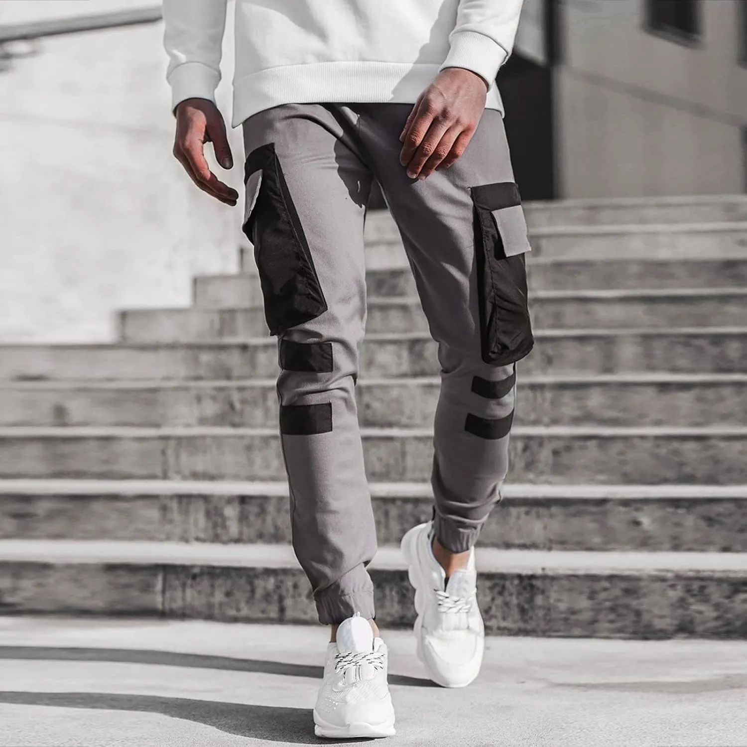 Mens Workout Cargo Sweatpants Pockets Pant Mens Cotton Linen Pants Loose Casual Lightweight Elastic Waist Drawstring