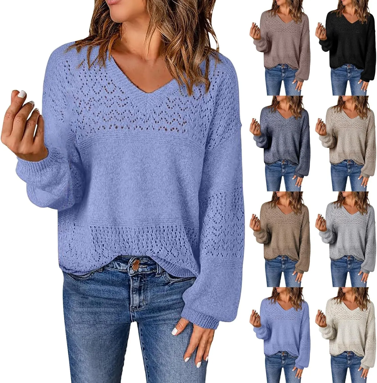 Miyaomn 2024 Fashion Sweaters for Women Long Sleeve V Neck Hollow Out Pullover Sweater Casual Lightweight Crochet Jumper Tops