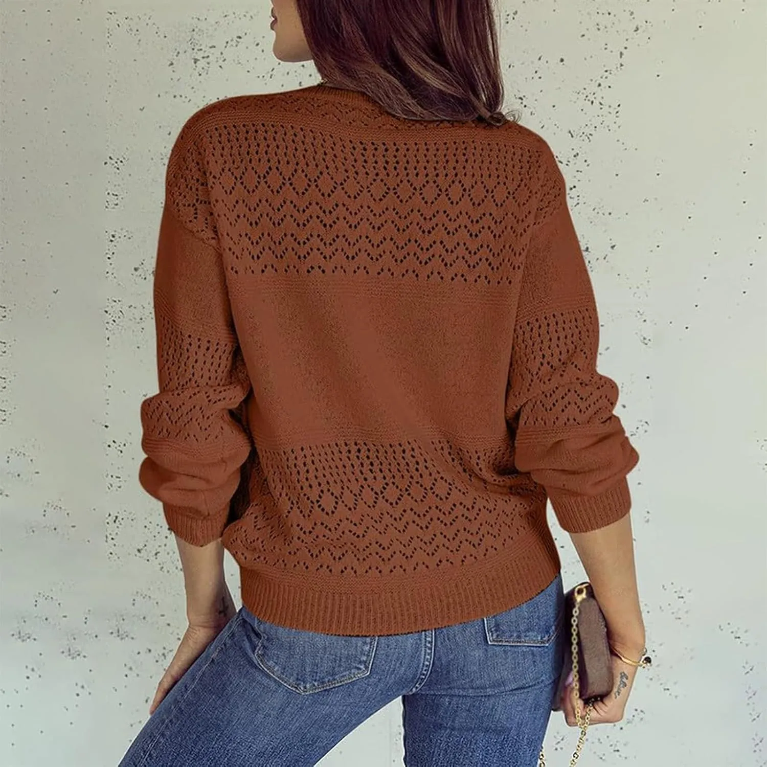 Miyaomn 2024 Fashion Sweaters for Women Long Sleeve V Neck Hollow Out Pullover Sweater Casual Lightweight Crochet Jumper Tops