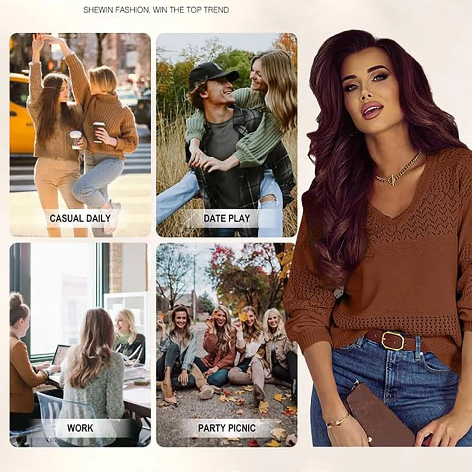 Miyaomn 2024 Fashion Sweaters for Women Long Sleeve V Neck Hollow Out Pullover Sweater Casual Lightweight Crochet Jumper Tops