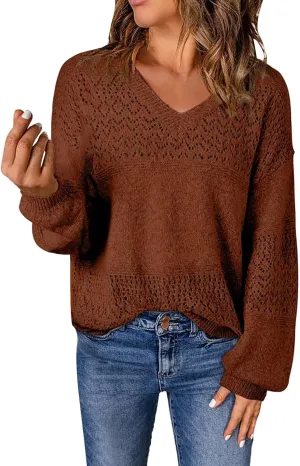 Miyaomn 2024 Fashion Sweaters for Women Long Sleeve V Neck Hollow Out Pullover Sweater Casual Lightweight Crochet Jumper Tops