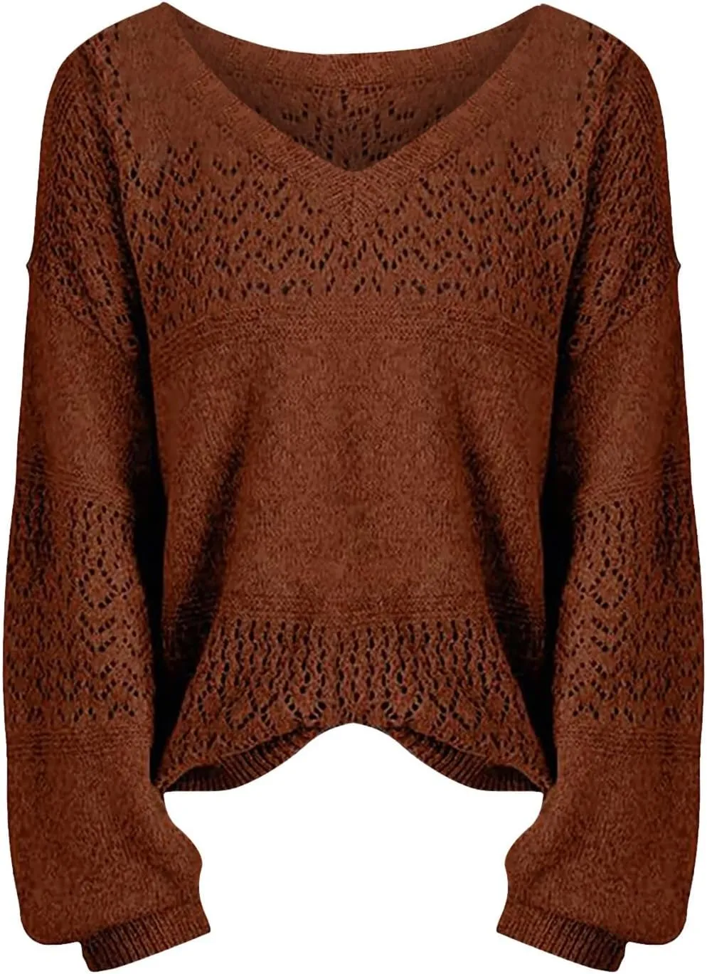Miyaomn 2024 Fashion Sweaters for Women Long Sleeve V Neck Hollow Out Pullover Sweater Casual Lightweight Crochet Jumper Tops