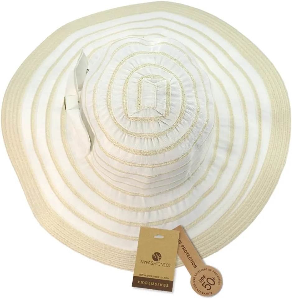NYFASHION101 Women's Two Tone Weaved Removable Bow Floppy Brim Sun Hat