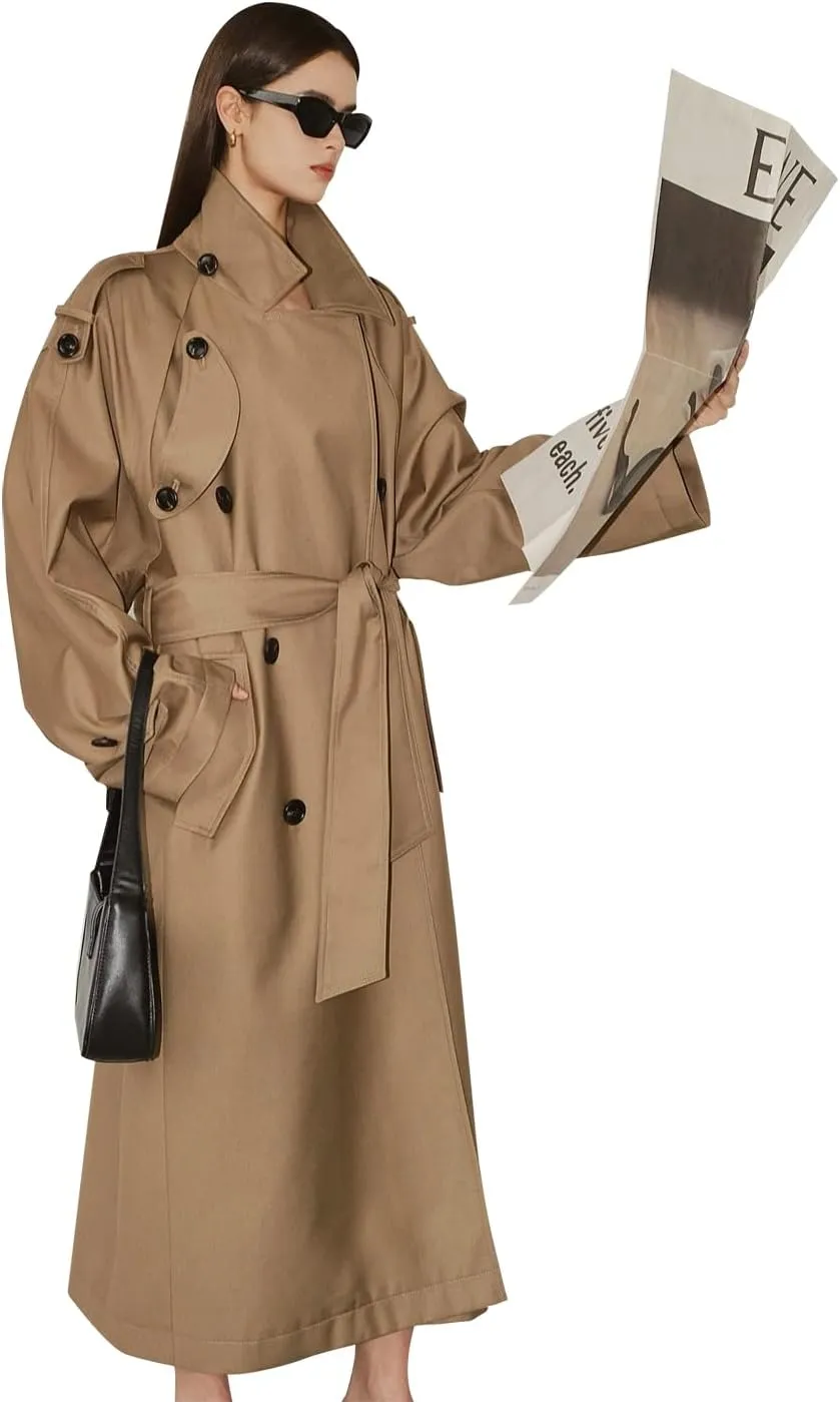 Oversized Long Women’s Trench Coats Double-Breasted Duster Coat Windbreaker Overcoat for Women Spring Fall Outerwear