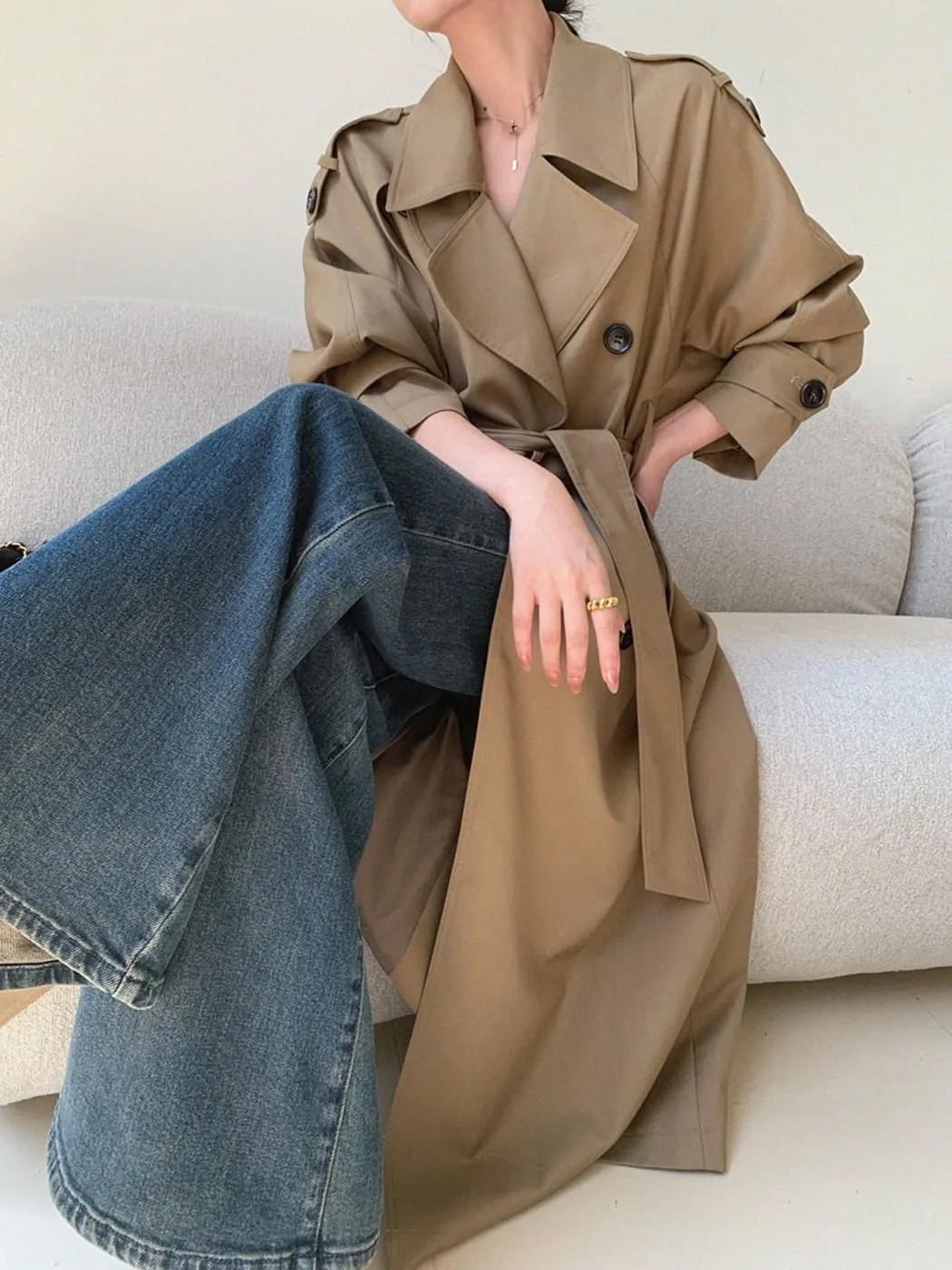 Oversized Long Women’s Trench Coats Double-Breasted Duster Coat Windbreaker Overcoat for Women Spring Fall Outerwear