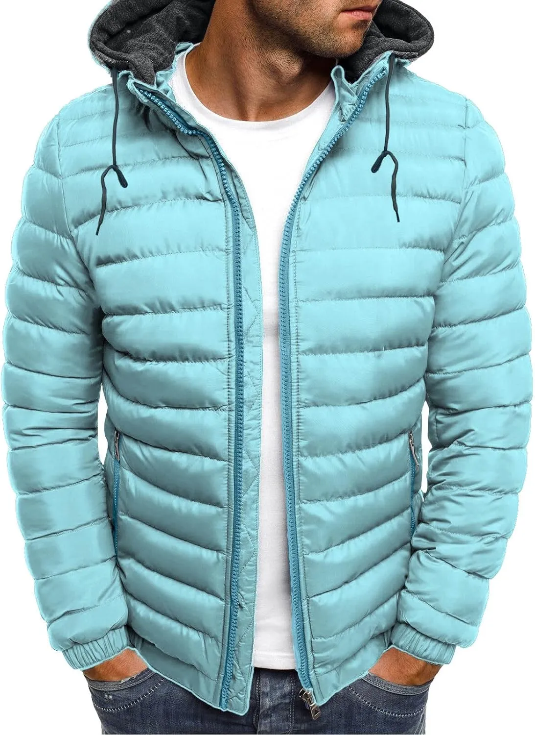 Packable Down Jacket Mens Lightweight Puffer Jacket Zip up Quilted Jacket Detachable Hoodie Jacket Warm Winter Coat