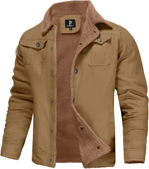 PEGENO Men's Cotton Cargo Jackets Winter Sherpa Lined Fleece Jackets Trucker Jacket