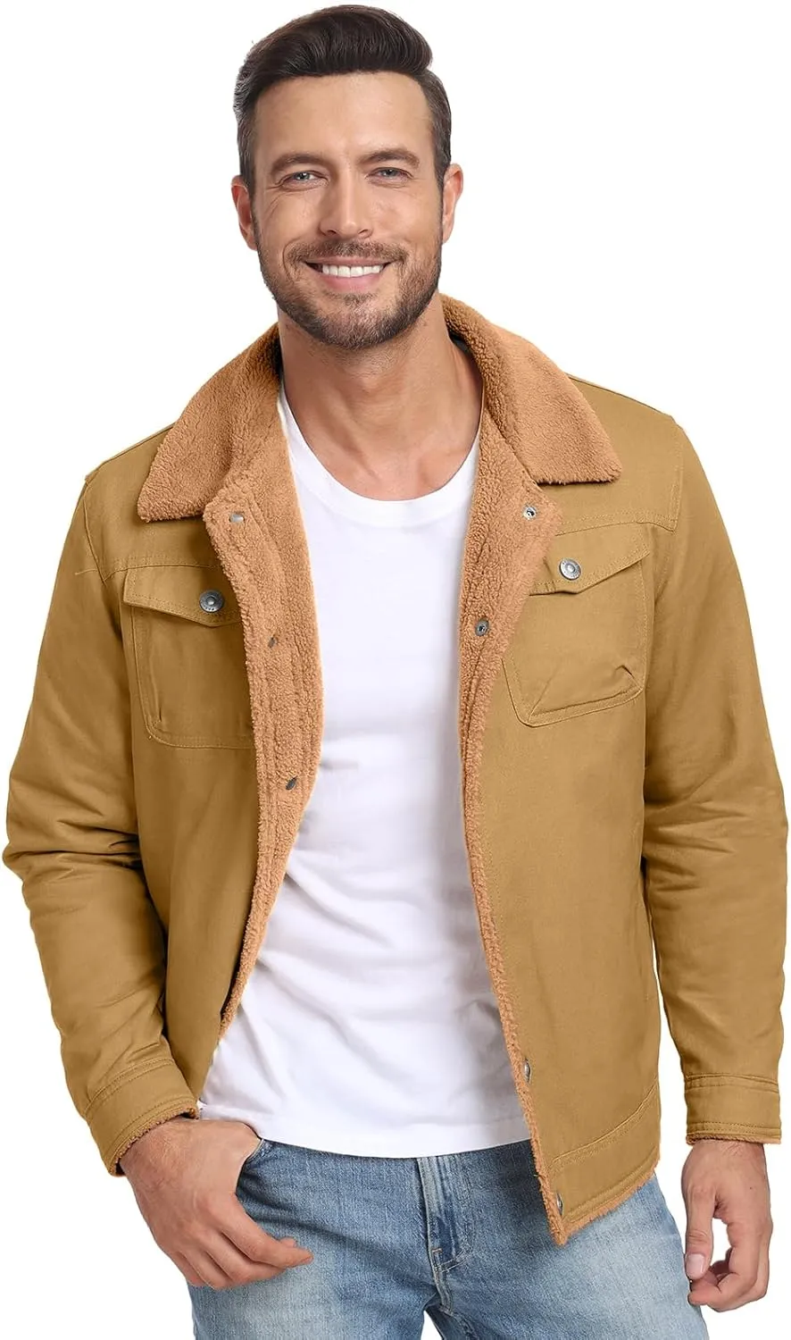 PEGENO Men's Cotton Cargo Jackets Winter Sherpa Lined Fleece Jackets Trucker Jacket