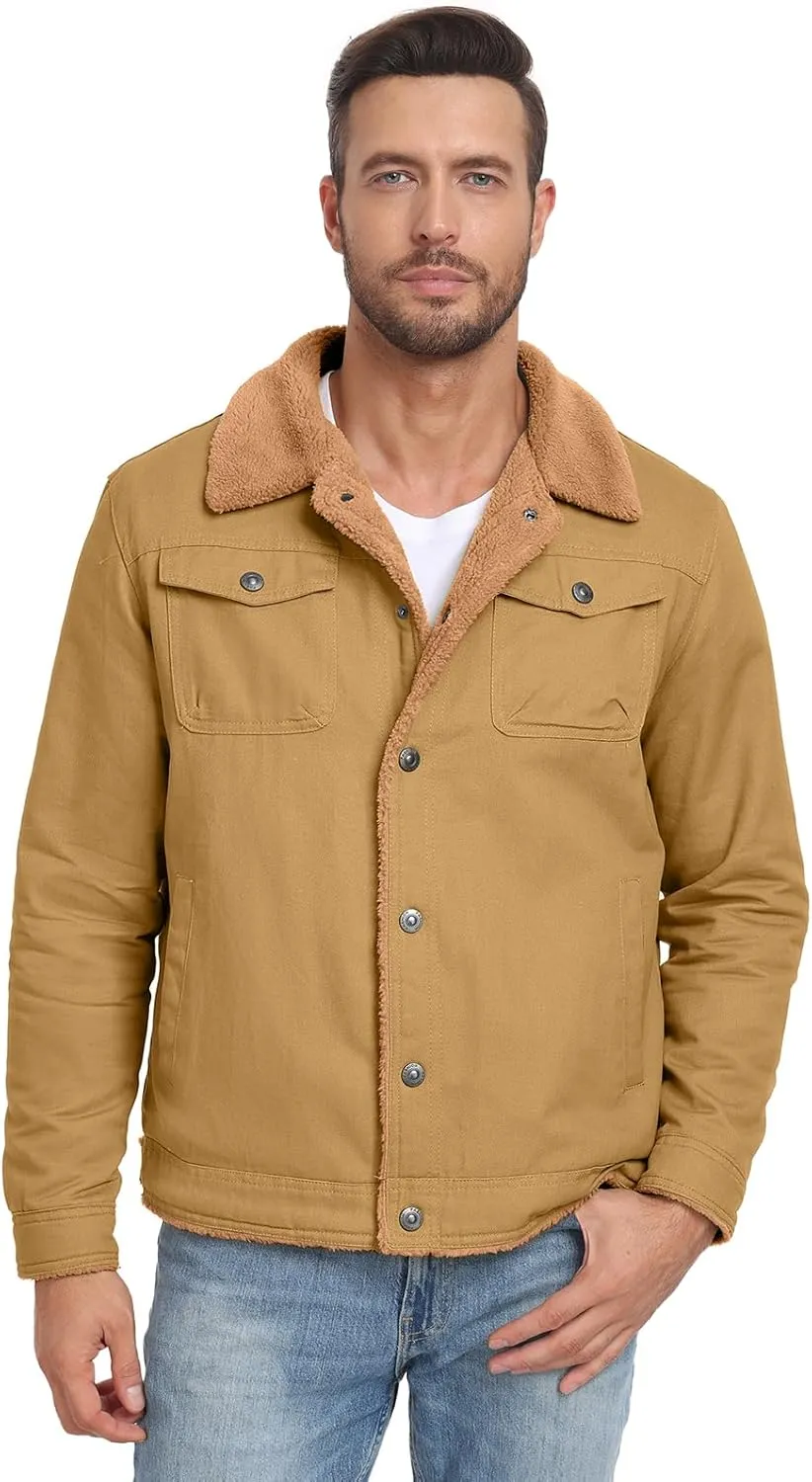 PEGENO Men's Cotton Cargo Jackets Winter Sherpa Lined Fleece Jackets Trucker Jacket