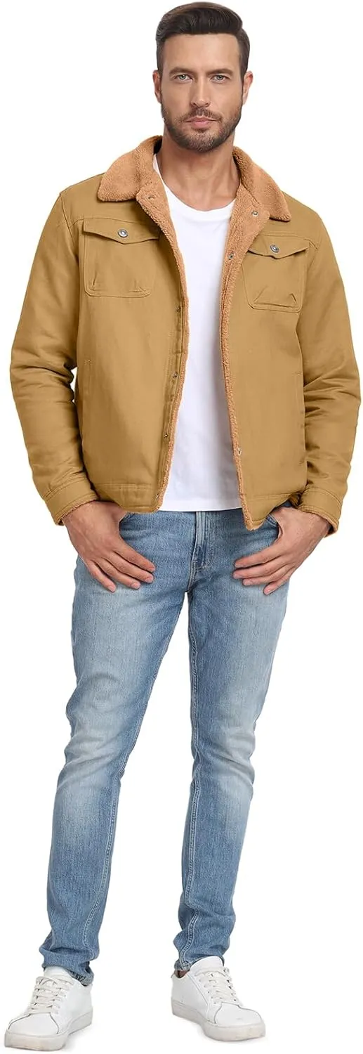 PEGENO Men's Cotton Cargo Jackets Winter Sherpa Lined Fleece Jackets Trucker Jacket