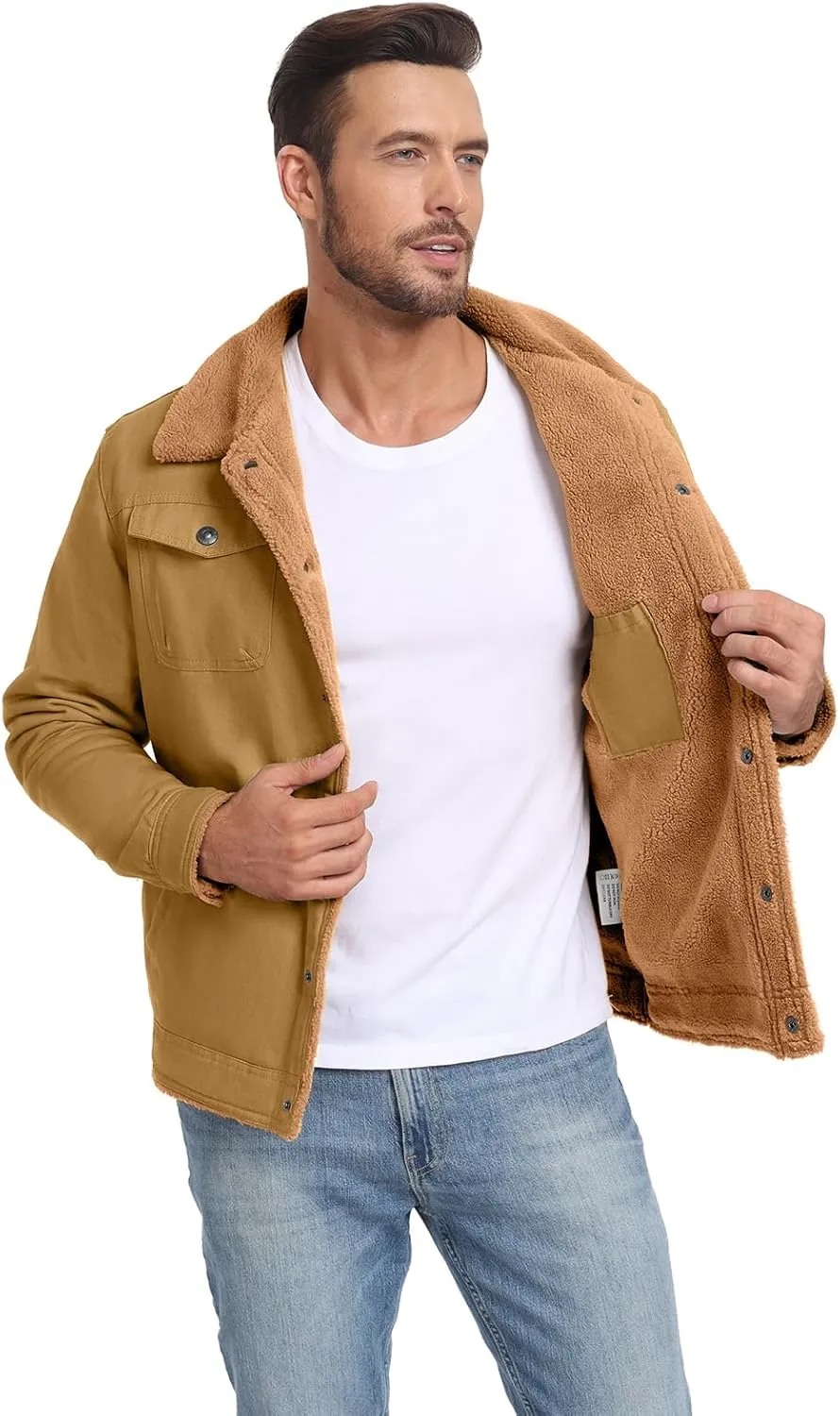 PEGENO Men's Cotton Cargo Jackets Winter Sherpa Lined Fleece Jackets Trucker Jacket