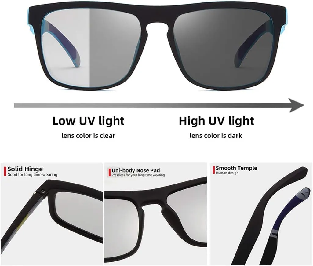 Photochromic Polarized Driving Sunglasses Men Square Matte Frame Eyewear Outdoor Sport Cycling UV Protection Glasses