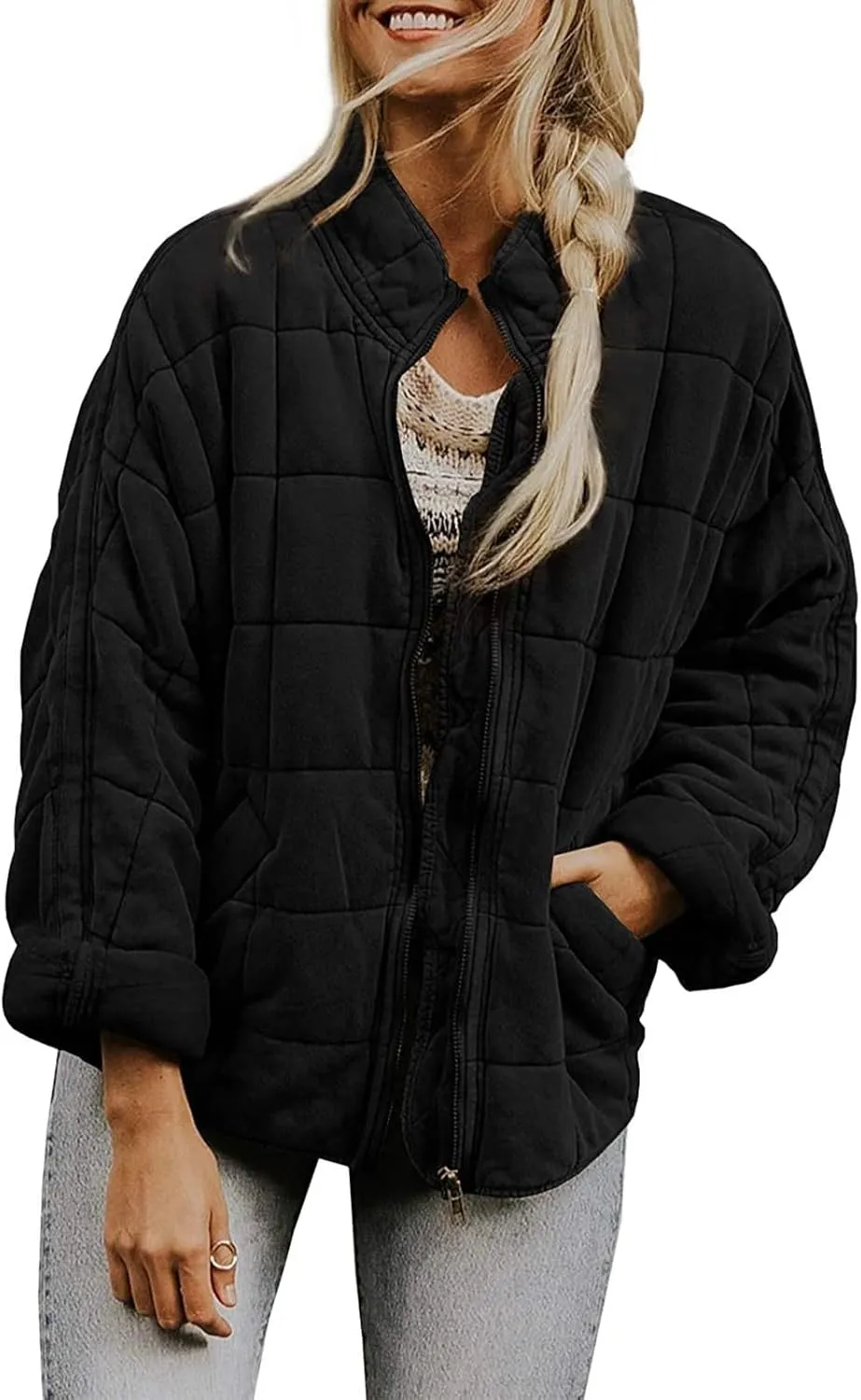Quilted Jackets for Women, Long Sleeve Zip Puffer Jackets Loose Casual Jacket Coat Winter Warm Outwear with Pockets