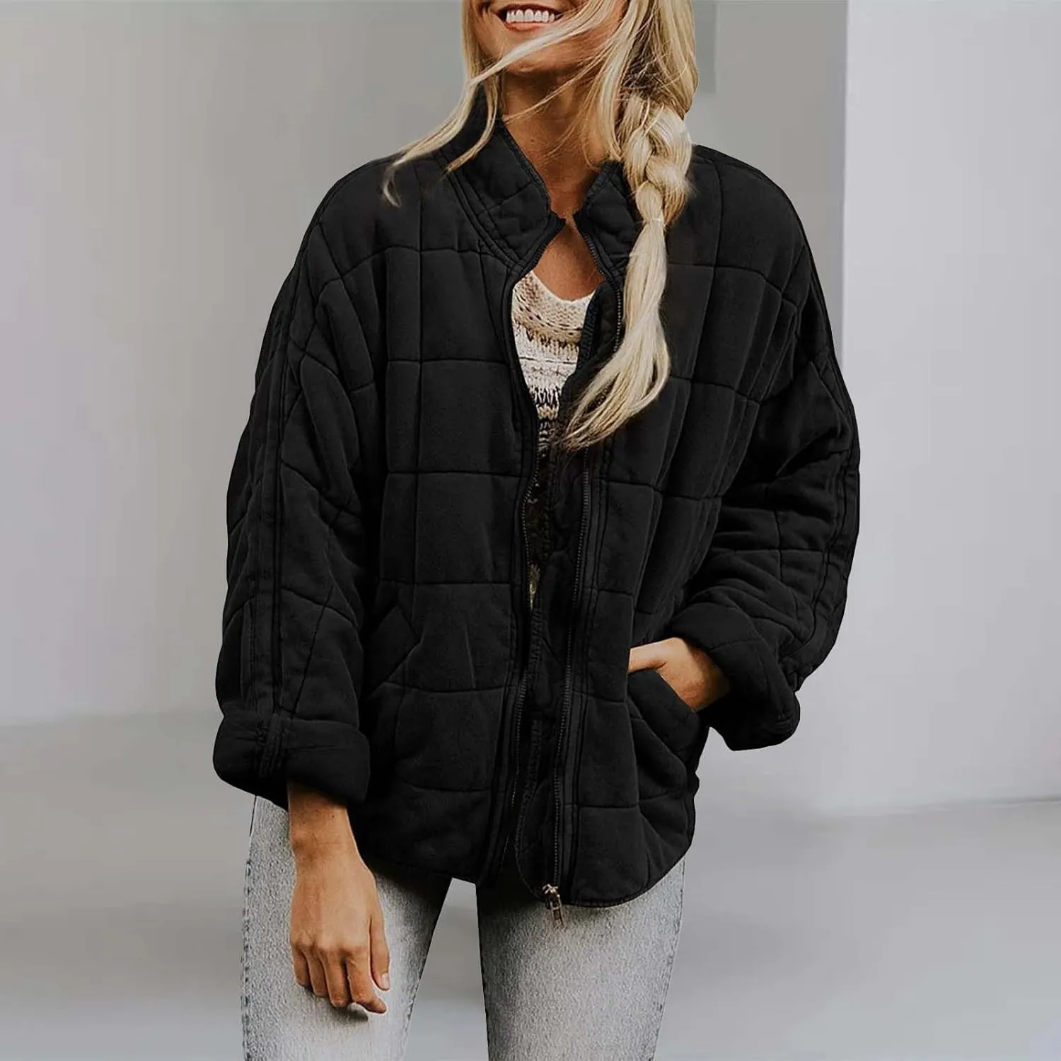 Quilted Jackets for Women, Long Sleeve Zip Puffer Jackets Loose Casual Jacket Coat Winter Warm Outwear with Pockets