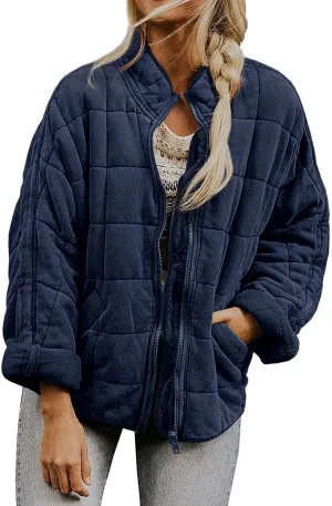 Quilted Jackets for Women Long Sleeve Zip Up Jacket Coat Loose Fit Puffer Jackets Winter Warm Outwear with Pockets