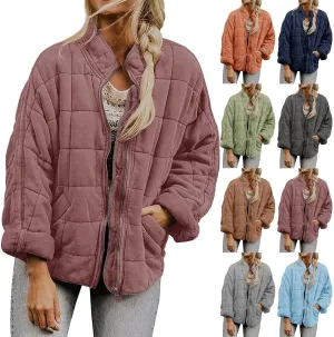 Quilted Jackets for Women Long Sleeve Zip Up Jacket Coat Loose Fit Puffer Jackets Winter Warm Outwear with Pockets