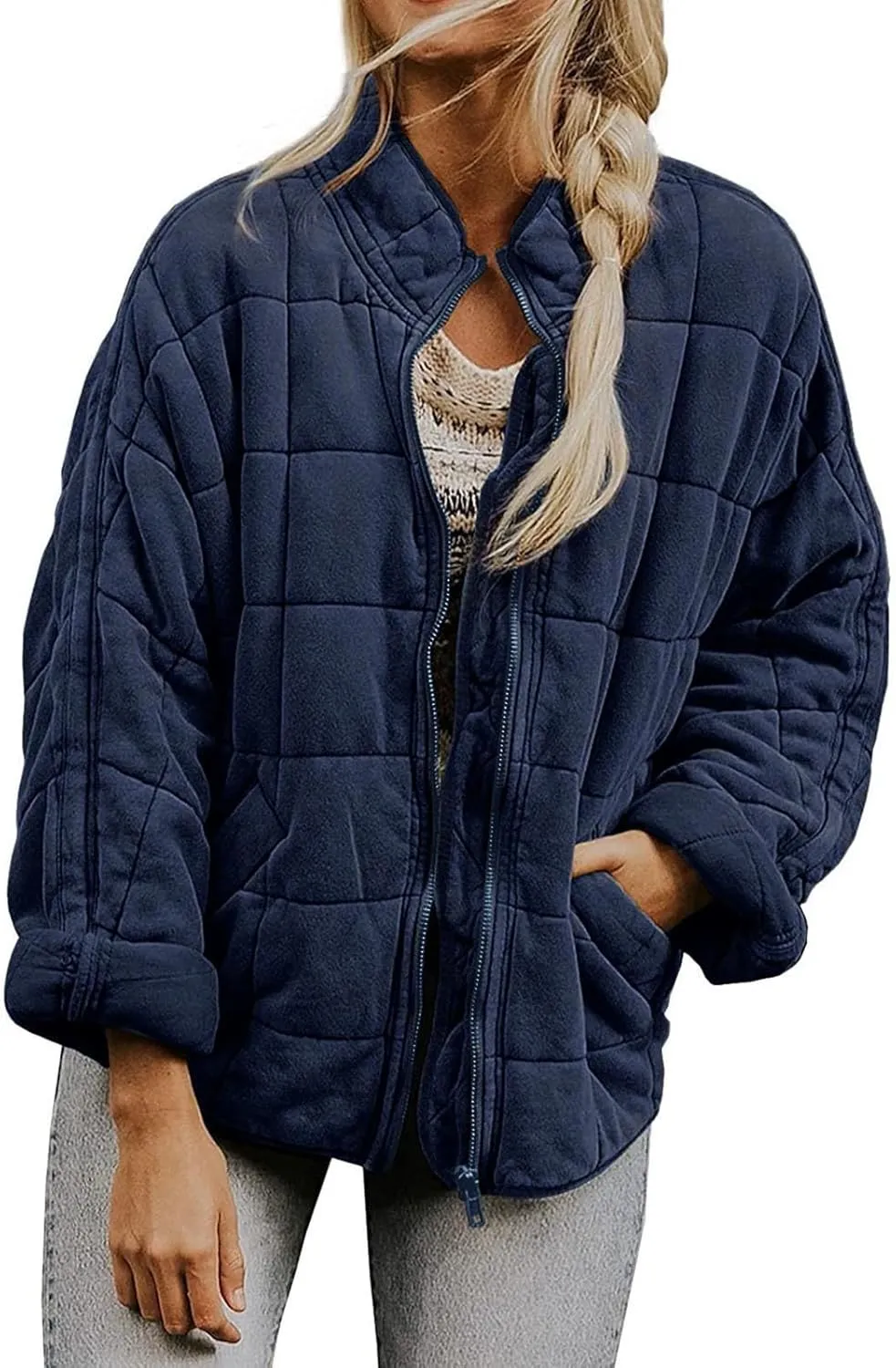 Quilted Jackets for Women Long Sleeve Zip Up Jacket Coat Loose Fit Puffer Jackets Winter Warm Outwear with Pockets