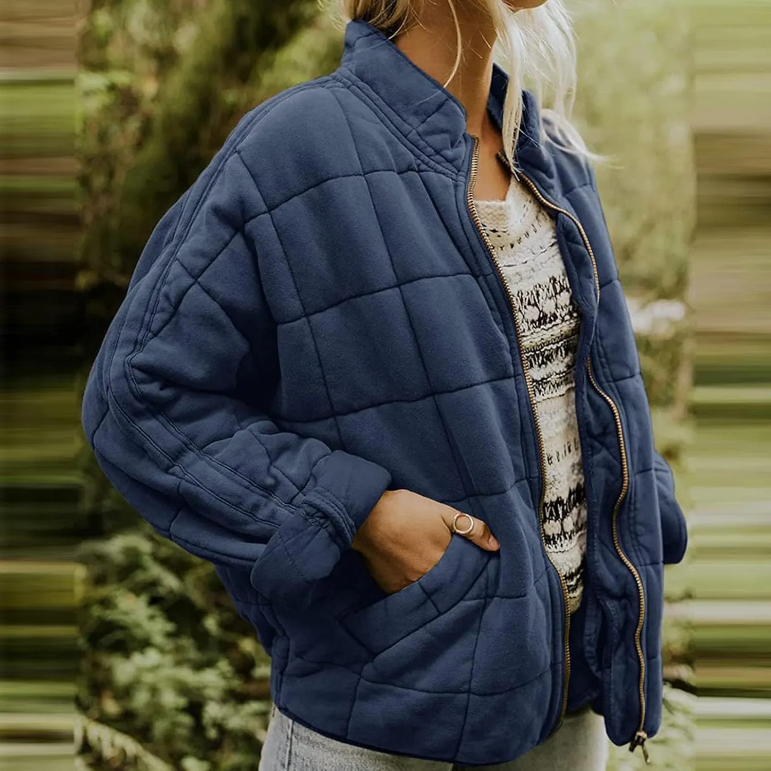 Quilted Jackets for Women Long Sleeve Zip Up Jacket Coat Loose Fit Puffer Jackets Winter Warm Outwear with Pockets
