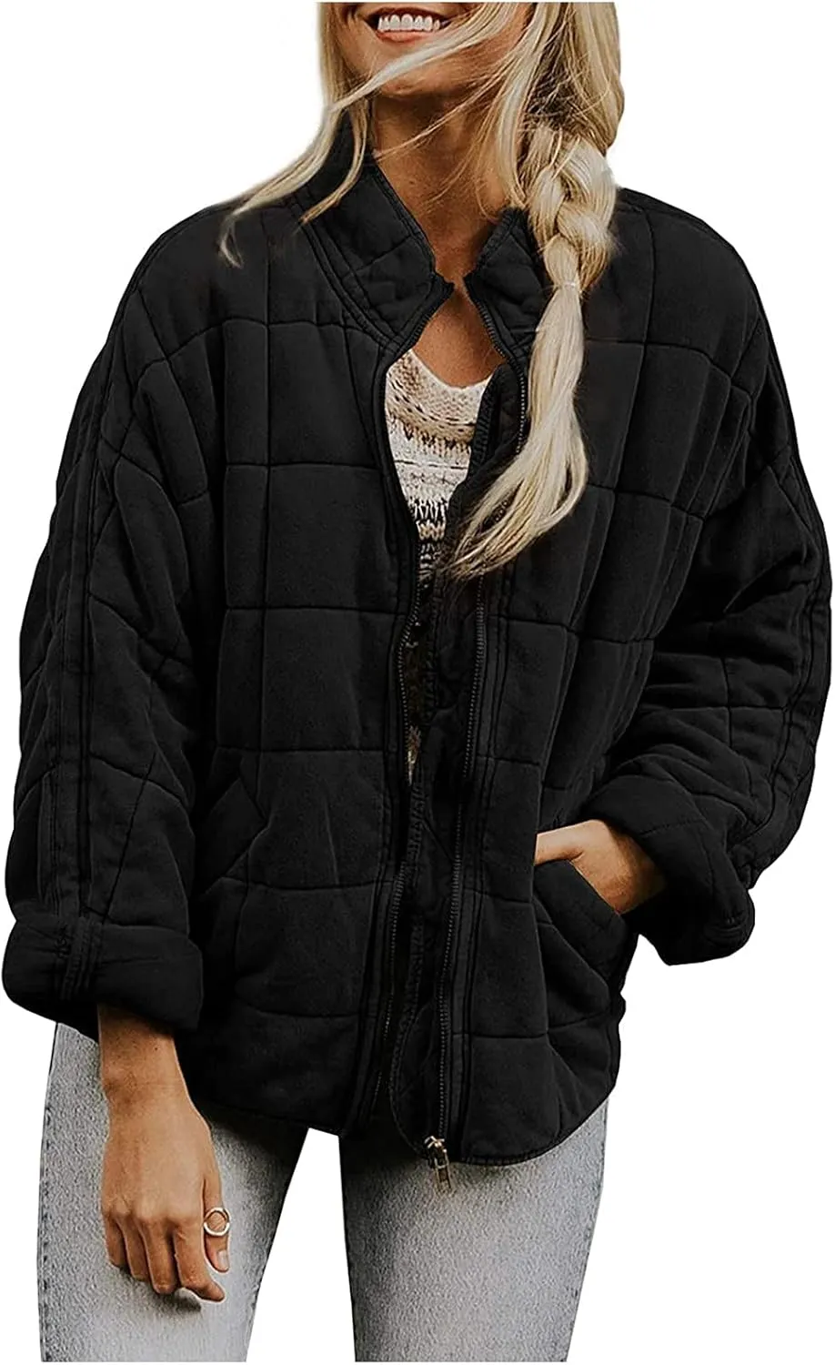 Quilted Jackets for Women Long Sleeve Zip Up Jacket Coat Loose Fit Puffer Jackets Winter Warm Outwear with Pockets