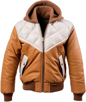Quilted Winter Bomber Jacket, Hooded, Two-Tone Brown and White, Zip Front