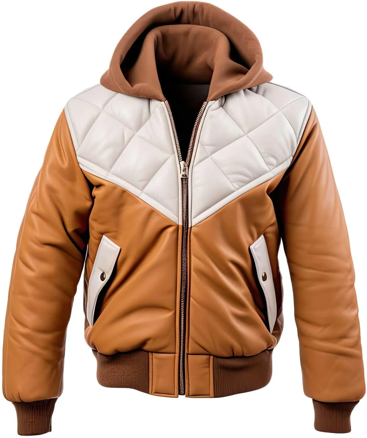 Quilted Winter Bomber Jacket, Hooded, Two-Tone Brown and White, Zip Front