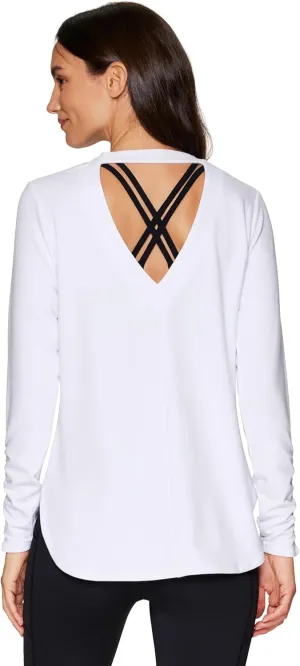 RBX Yoga Top for Women with Cut Out Back, Lightweight French Terry Long Sleeve Open Back Pullover for Casual Wear, Workouts