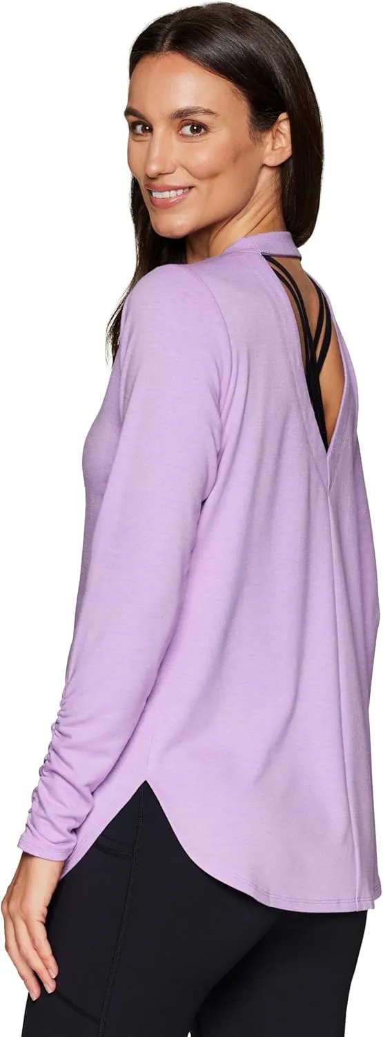 RBX Yoga Top for Women with Cut Out Back, Lightweight French Terry Long Sleeve Open Back Pullover for Casual Wear, Workouts