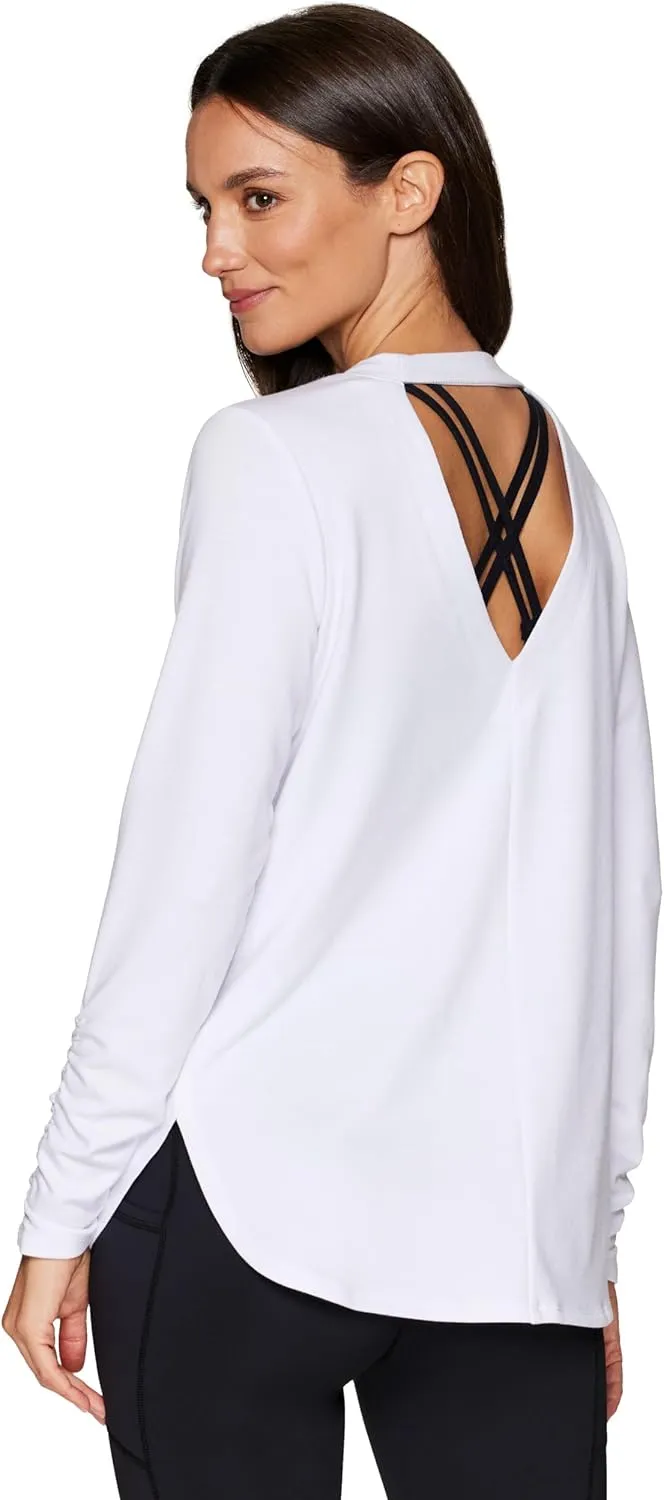 RBX Yoga Top for Women with Cut Out Back, Lightweight French Terry Long Sleeve Open Back Pullover for Casual Wear, Workouts