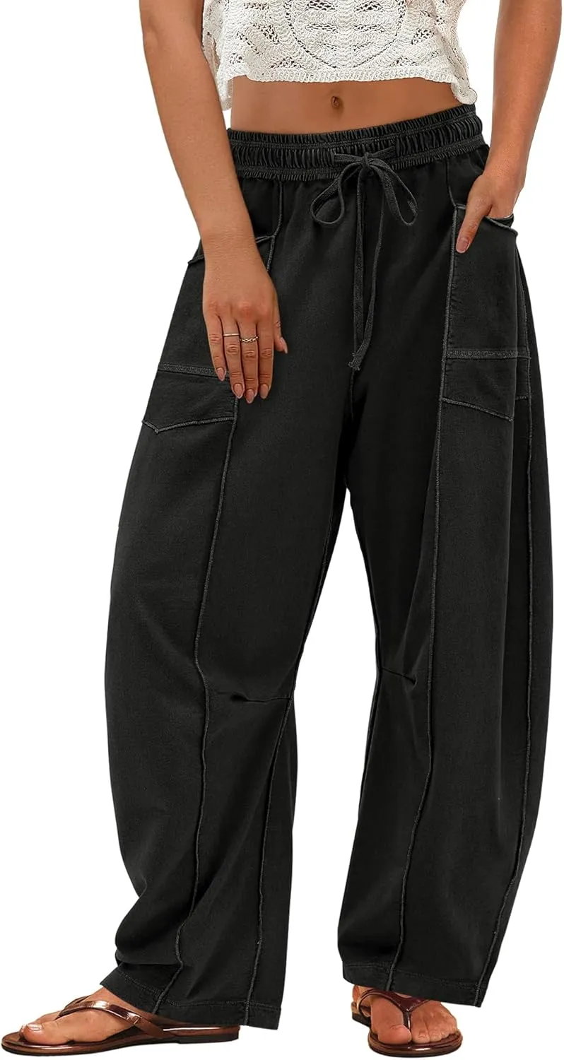 ReachMe Womens Barrel Sweatpants Wide Leg Baggy Pants High Waisted Drawstring Athletic Joggers Travel Vacation Outfits