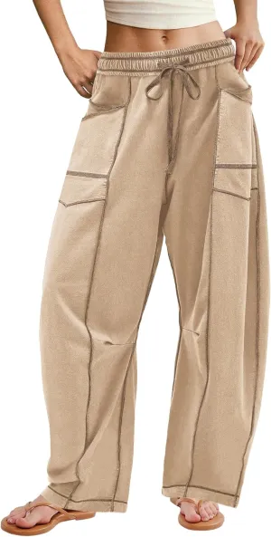 ReachMe Womens Barrel Sweatpants Wide Leg Baggy Pants High Waisted Drawstring Athletic Joggers Travel Vacation Outfits