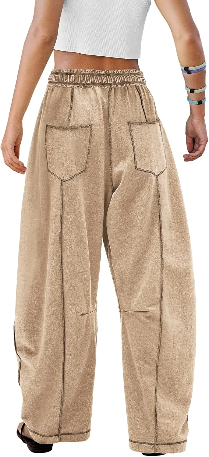 ReachMe Womens Barrel Sweatpants Wide Leg Baggy Pants High Waisted Drawstring Athletic Joggers Travel Vacation Outfits