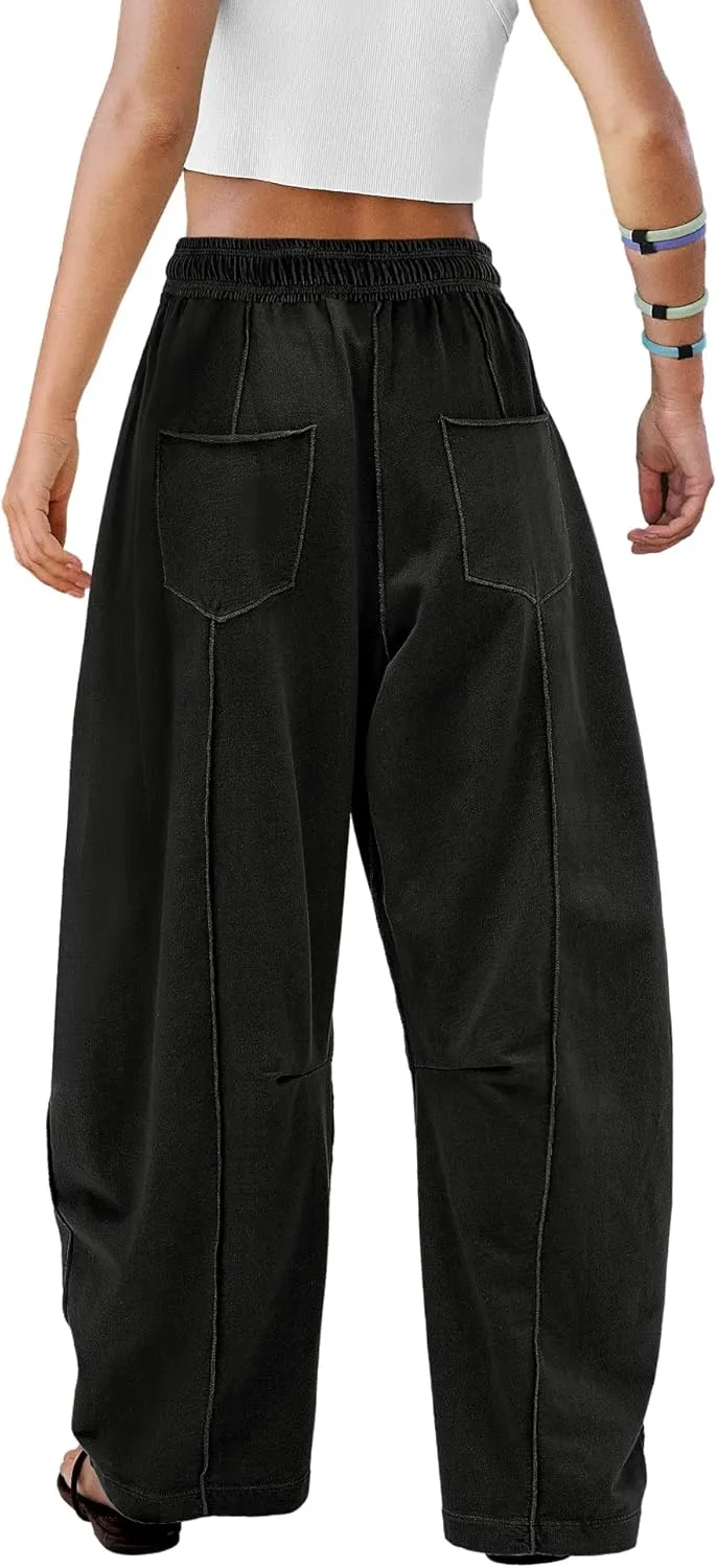 ReachMe Womens Barrel Sweatpants Wide Leg Baggy Pants High Waisted Drawstring Athletic Joggers Travel Vacation Outfits