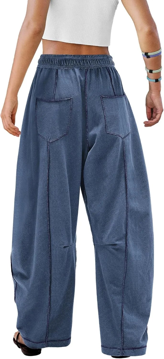 ReachMe Womens Barrel Sweatpants Wide Leg Baggy Pants High Waisted Drawstring Athletic Joggers Travel Vacation Outfits