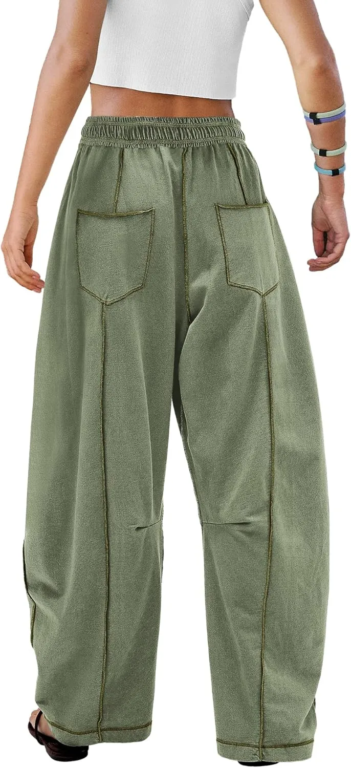 ReachMe Womens Barrel Sweatpants Wide Leg Baggy Pants High Waisted Drawstring Athletic Joggers Travel Vacation Outfits