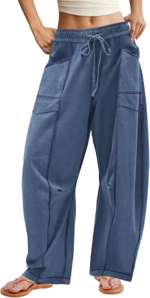 ReachMe Womens Barrel Sweatpants Wide Leg Baggy Pants High Waisted Drawstring Athletic Joggers Travel Vacation Outfits