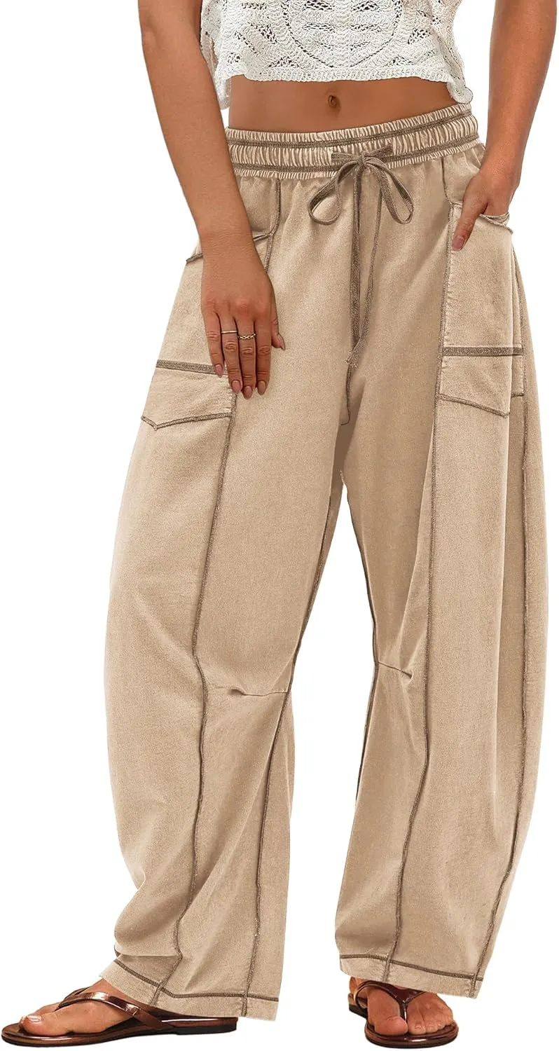 ReachMe Womens Barrel Sweatpants Wide Leg Baggy Pants High Waisted Drawstring Athletic Joggers Travel Vacation Outfits